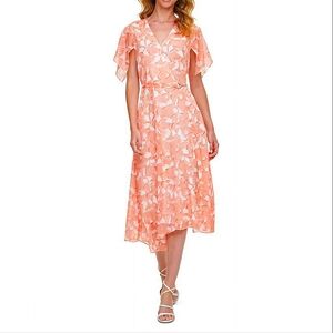 DKNY NWT Flutter Sleeve Faux Wrap Midi Dress Cream Orange Floral size 2